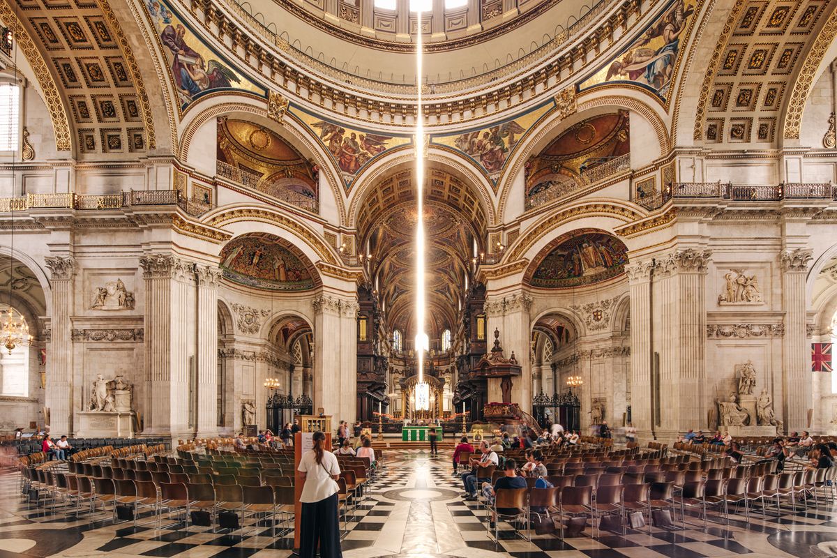 Pablo Valbuena's Aura, a sound-activated light installation which hangs over the transept of St Paul's Cathedral London Design Festival. Supported by Bloomberg Philanthropies. Photograph: © Ed Reeve