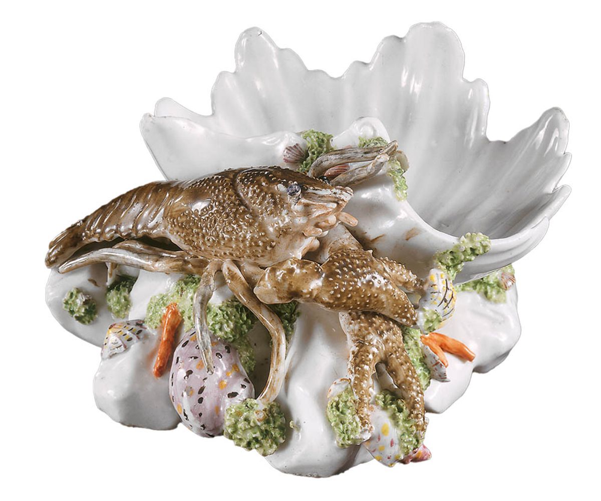 Crayfish salt cellar in Chelsea porcelain (1752-56), attributed to Nicholas Sprimont (inset) featured in Tessa Murdoch’s Europe Divided © Victoria and Albert Museum, London