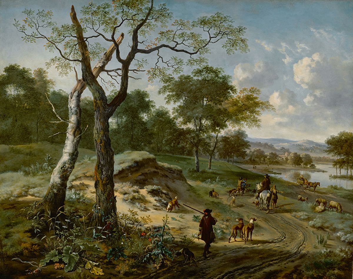 Wooded Evening Landscape With A Hunter And His Dogs, Another Hunter On Horseback Conversing With A Peasant, A Fishermen And A Falconer Carrying A Hoop Of Falcons On A Path, A Wagon And Other Figures By A Lake Beyond by Jan Wijnants and Adriaen van de Velde Christie's Images Ltd