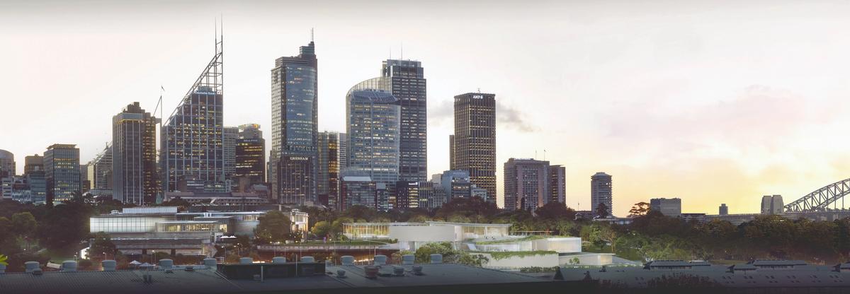 SANAA’s new building, to the right, cascades down the hillside from Sydney’s Domain parkland, to the harbour and suburb of Woolloomooloo