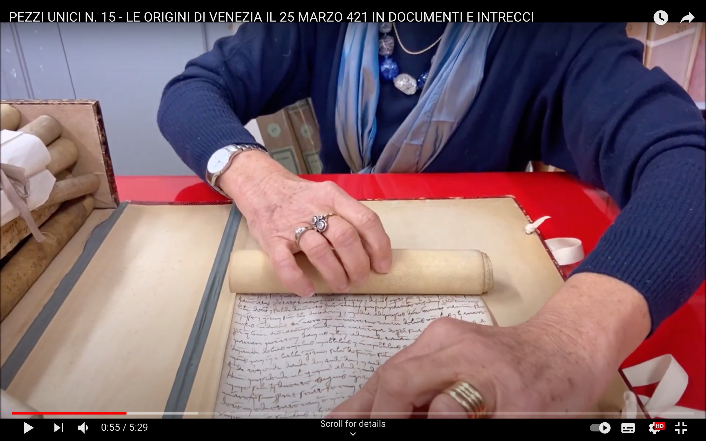 Archivist Alessandra Schiavon unrolls a supposed 14th century text on the founding of Venice in an April Fool's day video released by the Archivio di Stato di Venezia and the Biblioteca Nazionale Marciana 
