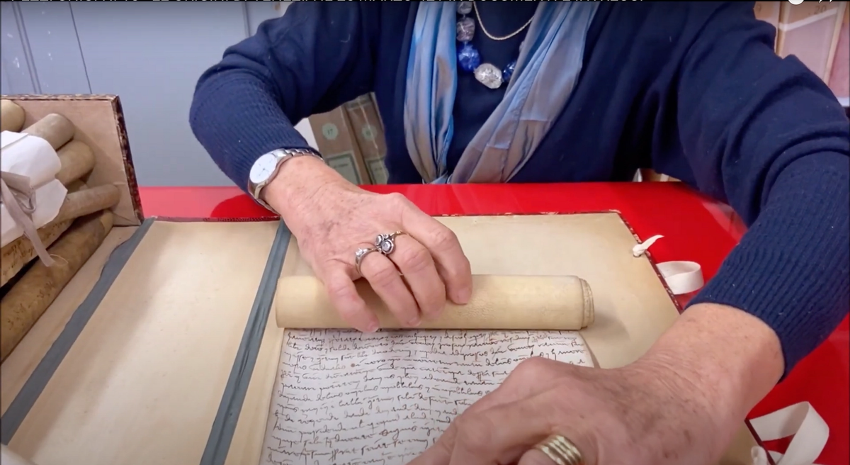 Archivist Alessandra Schiavon unrolls a supposed 14th century text on the founding of Venice in an April Fool's day video released by the Archivio di Stato di Venezia and the Biblioteca Nazionale Marciana