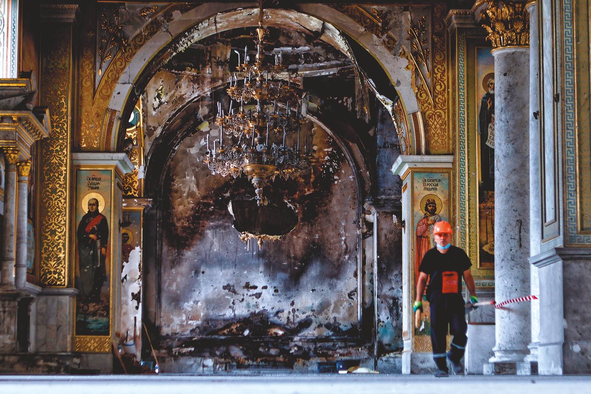 The Transfiguration Cathedral in Odesa is the central hub for all churches in southern Ukraine—reduced to rubble by the Soviets during an anti-religion campaign in 1936, and rebuilt from 1999. It was severely damaged by a Russian missile attack in July
© Yan Dobronosov/Global Images Ukraine via Getty Images