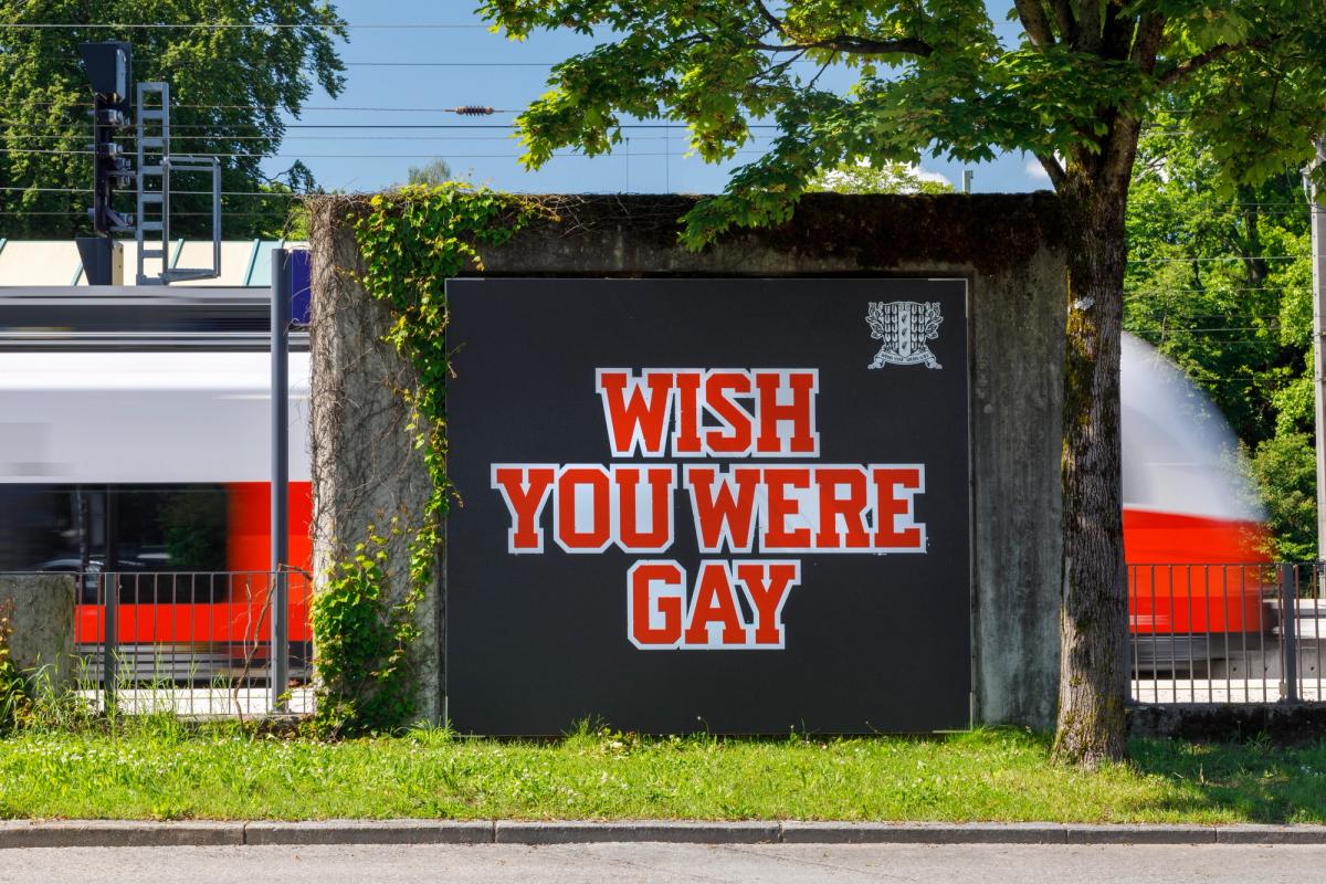 Plans are in place to replace the billboards as soon as possible

Wish You Were Gay. Installation view KUB Billboards, 2024. Photo: Markus TretterCourtesy of the artist© Anne Imhof, Kunsthaus Bregenz