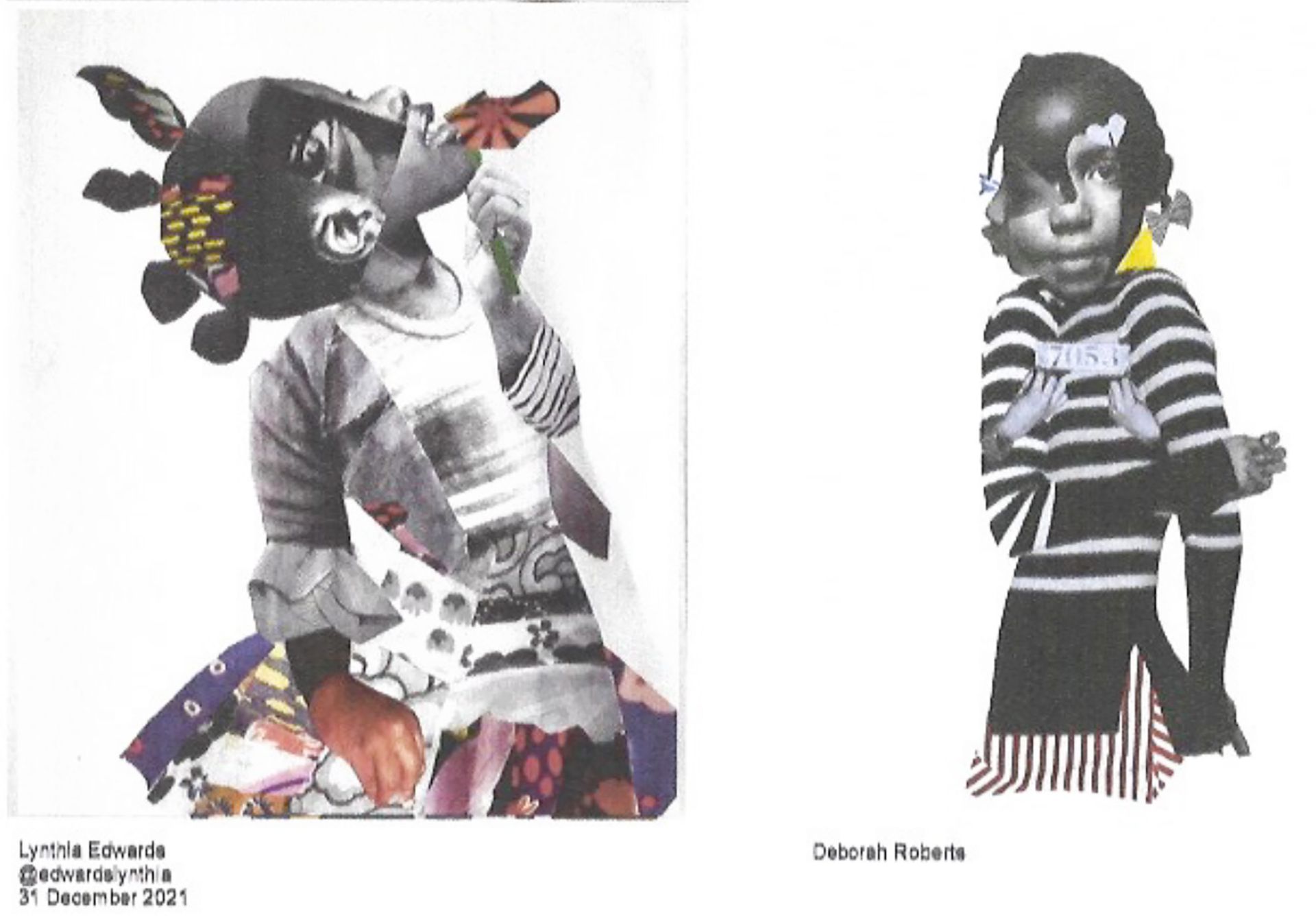 Examples of works by Lynthia Edwards (left) and Deborah Roberts (right) Court documents