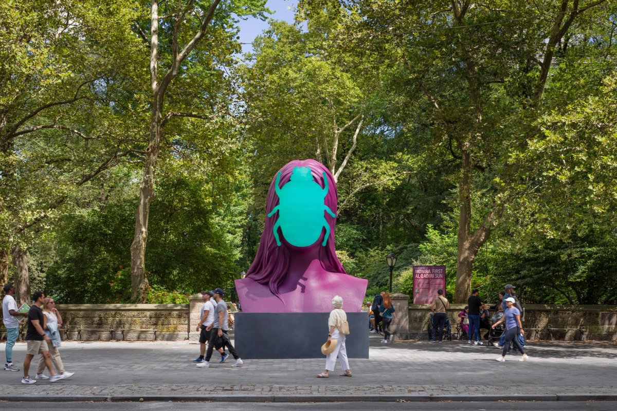 In the Public Art Fund-supported First Sun, situated at the south-east entrance to Central Park, Monira Al Qadiri has reimagined the ancient Egyptian deity Khepri as a contemporary monument Photo: Nicholas Knight; Courtesy of the artist and Public Art Fund, NY