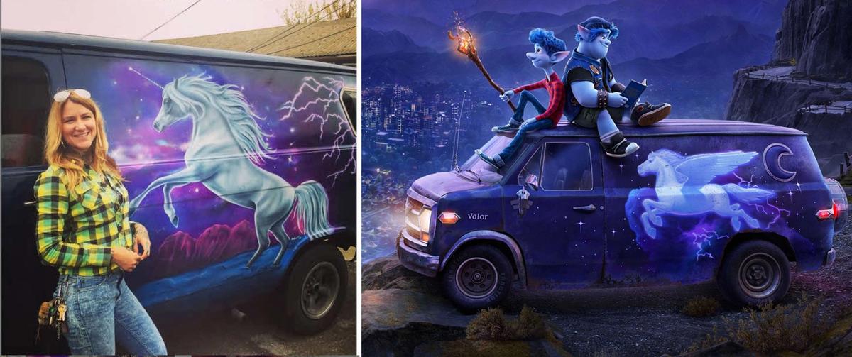 The artist Sweet Cecily Daniher with her Vanicorn in a 2014 Instagram post (left), and a promotional image from the Pixar film Onward (right) 