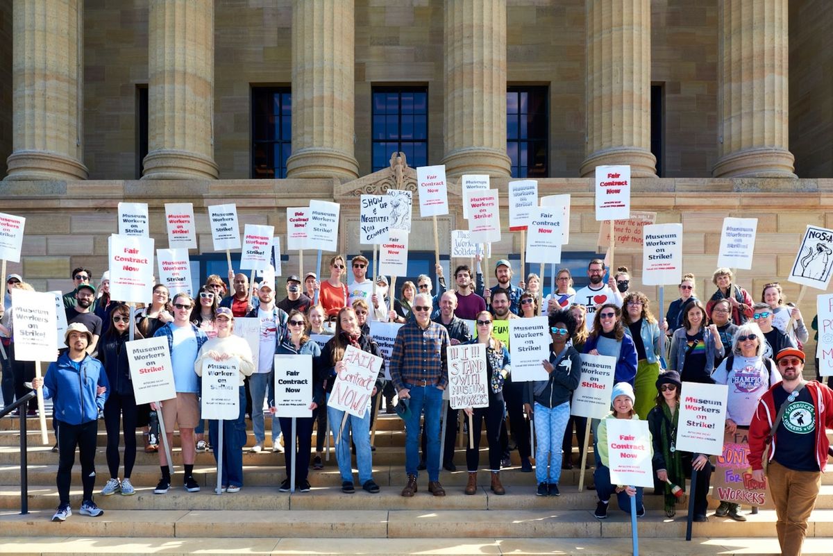Members of the Philadelphia Museum of Art union on the steps of the museum Photo by Tim Tiebout