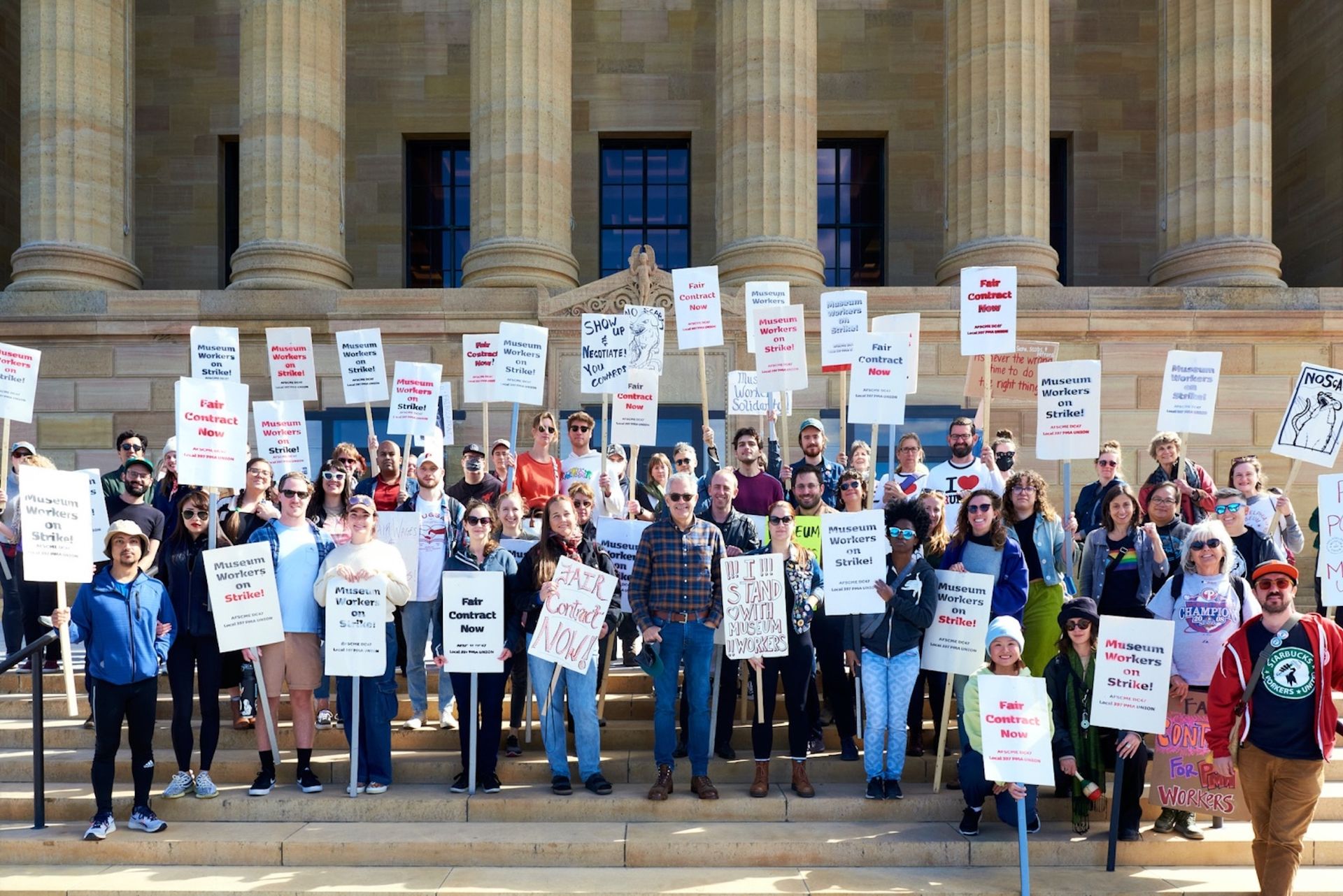Members of the Philadelphia Museum of Art union on the steps of the museum Photo by Tim Tiebout