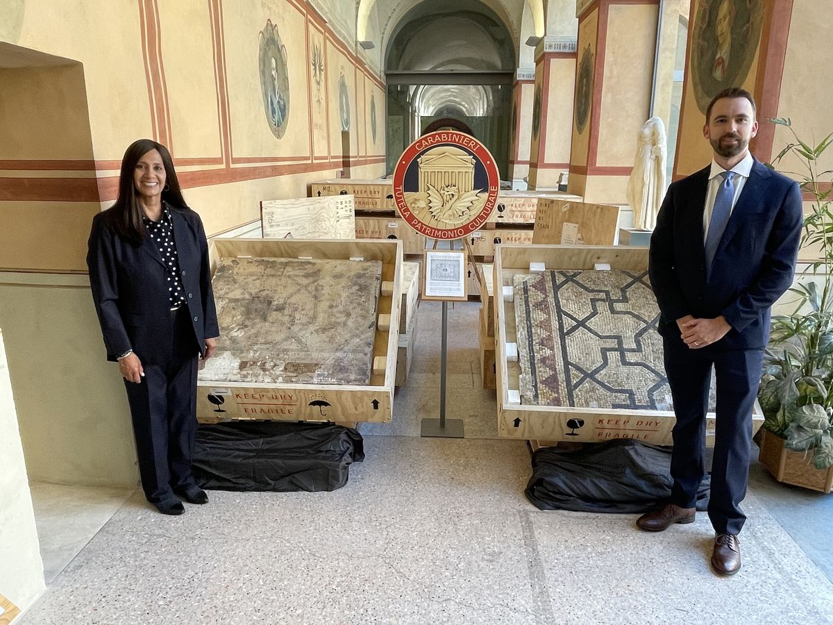 FBI special agents Elizabeth Rivas and Allen Grove traveled to Italy to repatriate the mosaic Courtesy FBI