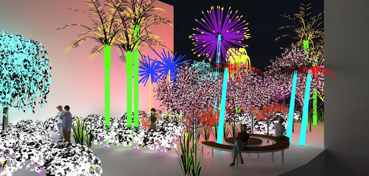 Alia Farid and Aseel AlYaqoub's Contrary Life: A Botanical Light Garden Devoted to Trees (2018). Commissioned by Art Jameel for the Jameel Arts Centre, Dubai. Images courtesy of the artists Commissioned by Art Jameel for the Jameel Arts Centre, Dubai. Courtesy of the artists