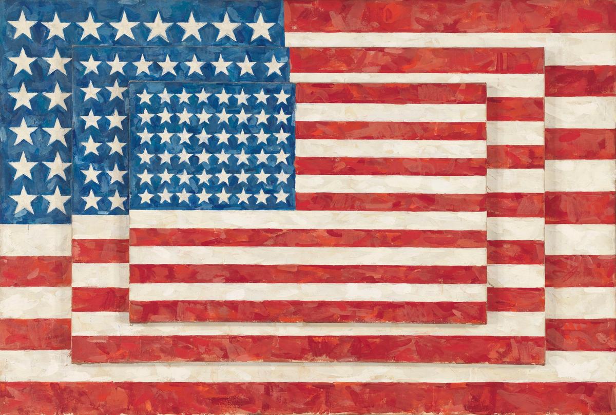 Jasper Johns's Three Flags (1958). © 2021 Jasper Johns / Licensed by VAGA at Artists Rights Society (ARS), NY