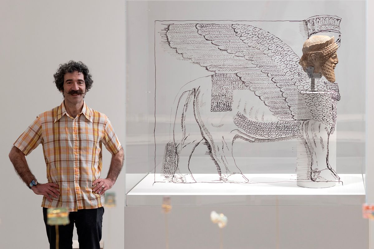 Michael Rakowitz with one of his three new commisions for the show,   which is inspired by connections the artist sees between ancient Cypriot and Assyrian artefacts
Photo: Natalia Tsoukala. Courtesy Νeon, the Acropolis Museum and the artist