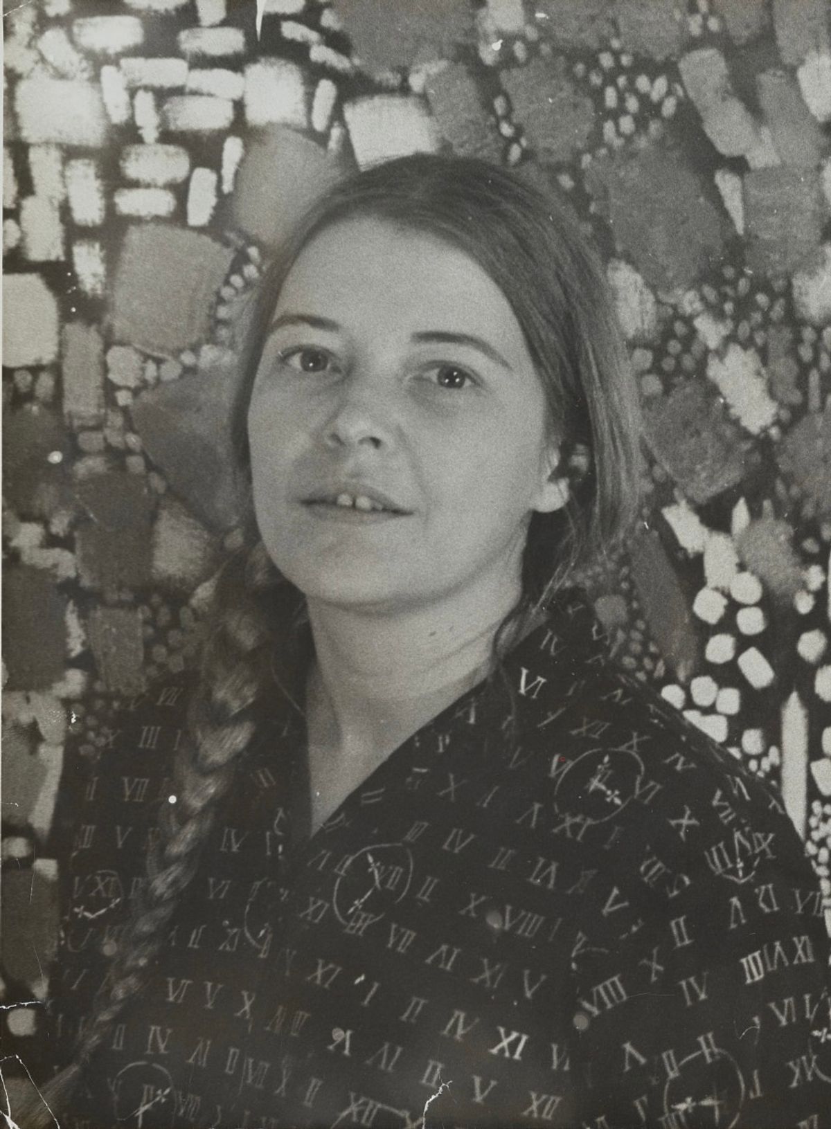 Lynne Drexler, pictured in front of one of her mosiac-like paintings. Courtesy of the Archives of American Art, Photo by Buckley Sander
