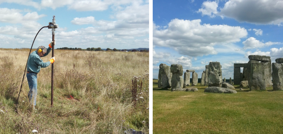 Left: Researchers carrying out studies at Durrington Pits; right: nearby Stonehenge Left: courtesy of University of St Andrews; right: Photo by Rogelio Lopez via Unsplash