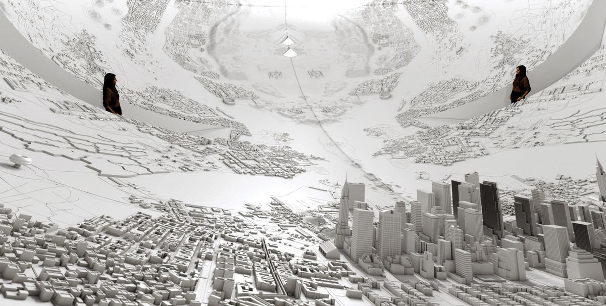 Es Devlin’s Memory Palace (2019) offers a vast chronological landscape of human development, from South African cave drawings to the steps of the Swedish parliament, where Greta Thunberg launched her climate change campaign Courtesy of Es Devlin