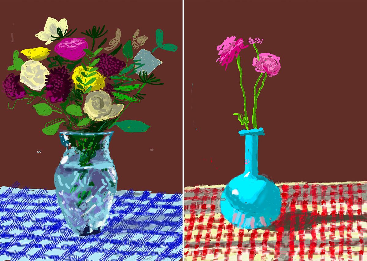 David Hockney, 20th March 2021, Flowers, Glass Vase on a Table (2021, left) and 28th February 2021, Roses in a Blue Vase (2021, right), both iPad paintings printed on paper, each from an edition of 50. © David Hockney