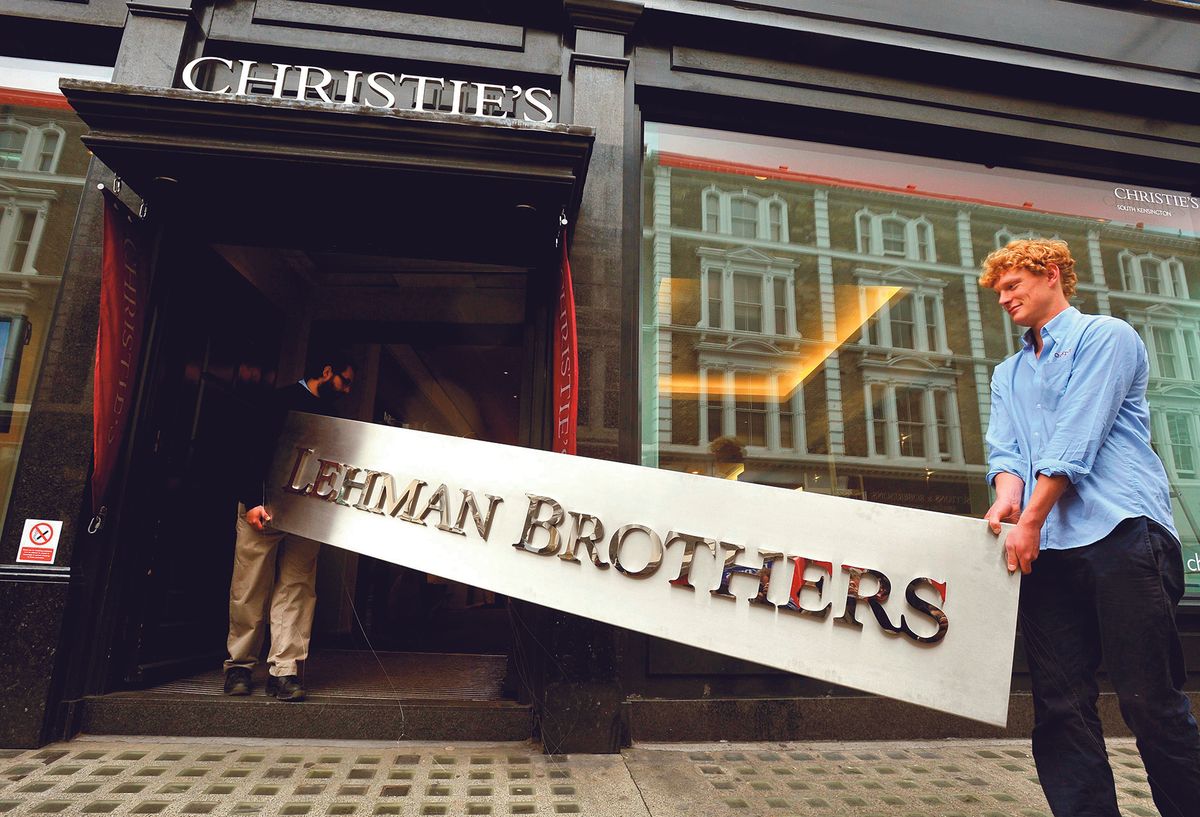 A sign from the collapsed Lehman Brothers, the financial services firm that triggered the global financial crisis, was sold at Christie’s in 2013 for £9,375. Sales at the Big Three auction houses last November have been described as the worst performing since November 2008 PA Images/Alamy Stock Photo