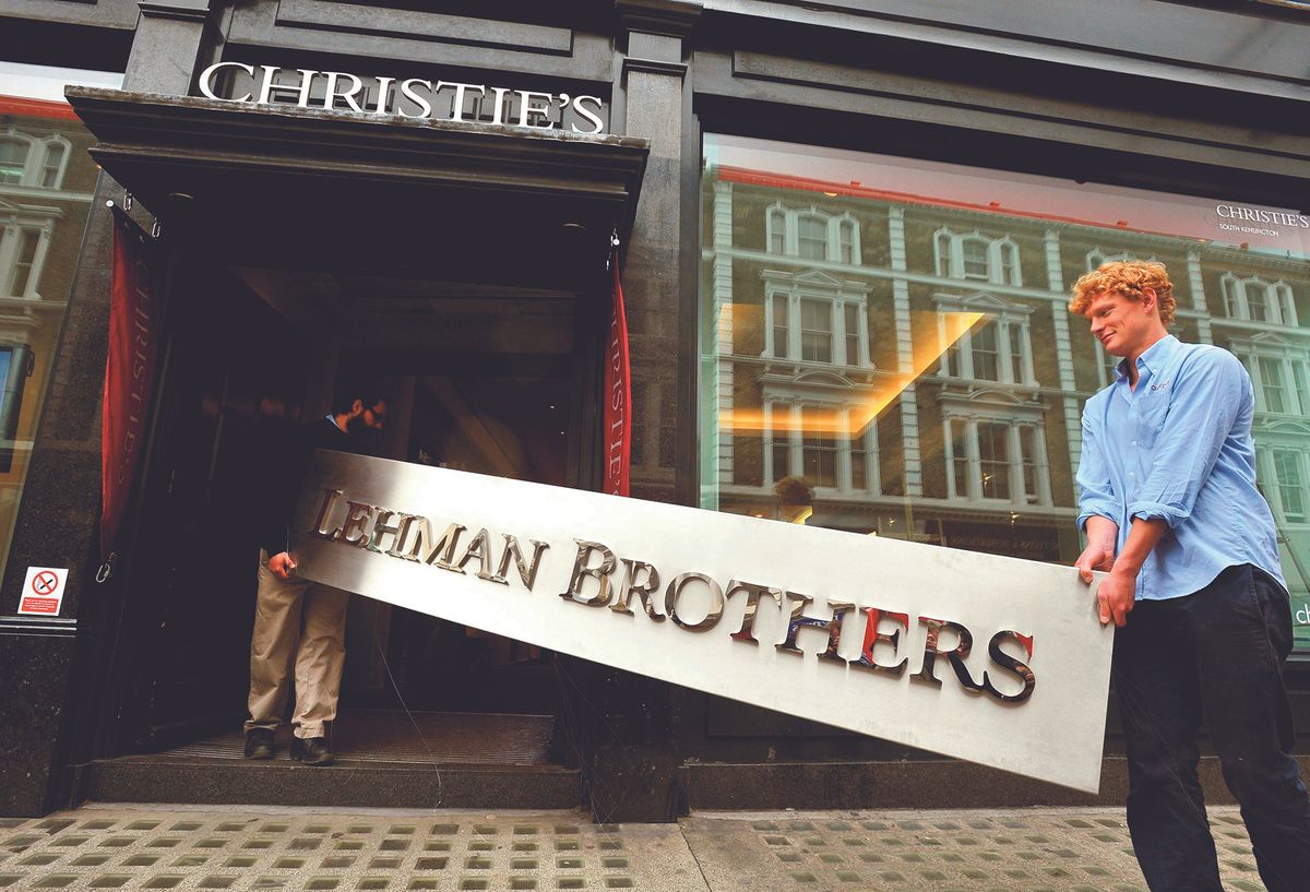 A sign from the collapsed Lehman Brothers, the financial services firm that triggered the global financial crisis, was sold at Christie’s in 2013 for £9,375. Sales at the Big Three auction houses last November have been described as the worst performing since November 2008 PA Images/Alamy Stock Photo