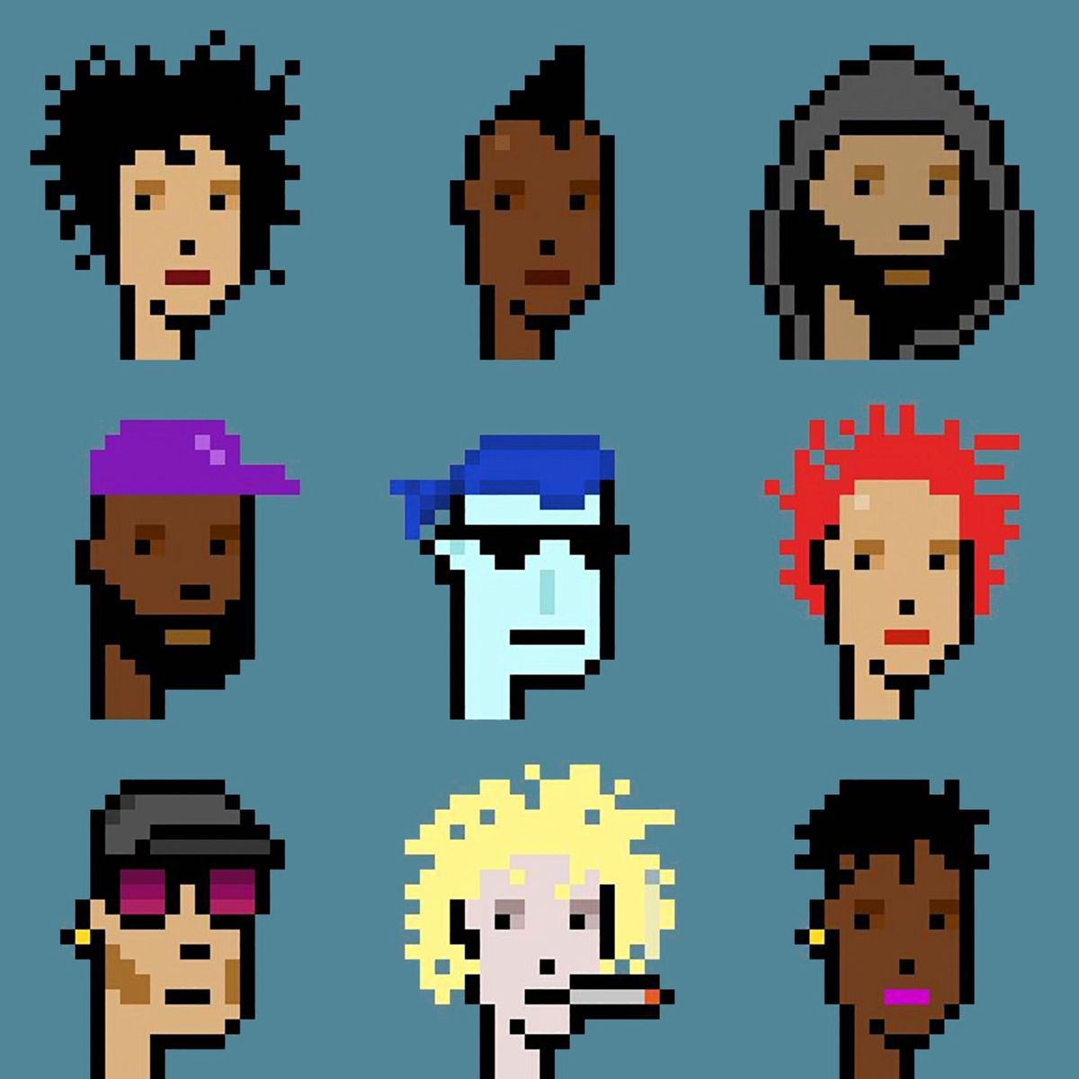 9 Cryptopunks (2, 532 , 58, 30, 635, 602, 768, 603 and 757) made in 2017. In June 2021 Sotheby's sold a single Cryptopunk NFT, #7523, for $11.8m Courtesy of Christie's