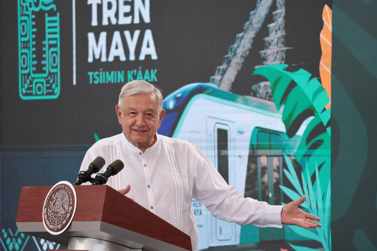 Mexico's president, Andrés Manuel López Obrador, at a 15 December launch event for the Maya Train in Campeche Courtesy Secretaría de la Defensa Nacional/Instituto Nacional de Antropología e Historia/Fondo Nacional de Fomento al Turismo