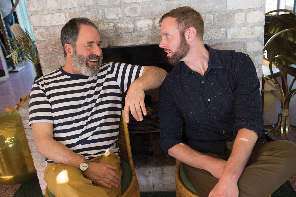 Peter Shire and Richard Christiansen in conversation at the Autre magazine + Chandelier Creative brunch celebrating their mini-doc directed by Johnny Le on Peter Shire, "West of Memphis: A Day in the Studio with Peter Shire." (January 2018) Autre + Chandelier Creative