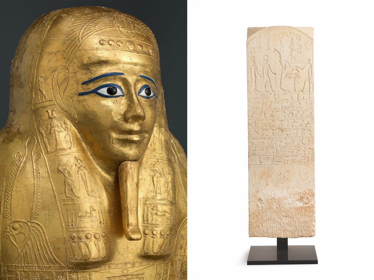 Ancient Egyptian artefacts seized during investigations into Serop Simonian's alleged antiquities smuggling operation include a first-century BC coffin of Nedjemankh (left), which was returned by the Metropolitan Museum of Art in New York to Egypt in 2019, and a funerary stele from the Late Period (around 664BC-332BC) that was seized on its way to Tefaf New York in 2019 (right) Coffin: Metropolitan Museum of Art. Stele: © Pierre Bergé & Associés
