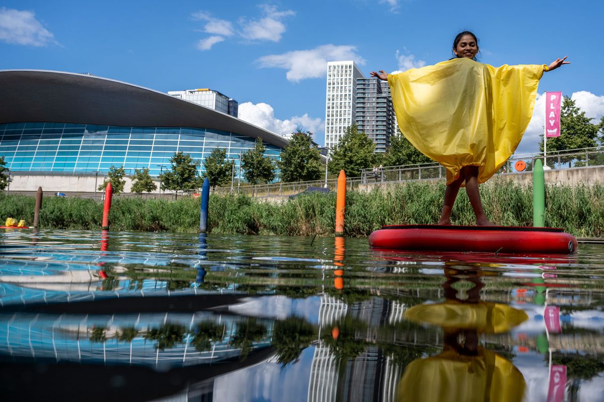 A performer in Discosailing: A Ballet on Water by Rasheed Araeen at Queen Elizabeth Olympic Park, part of the summer programme by east London’s public art trail, The Line Stephen Chung/PinPep