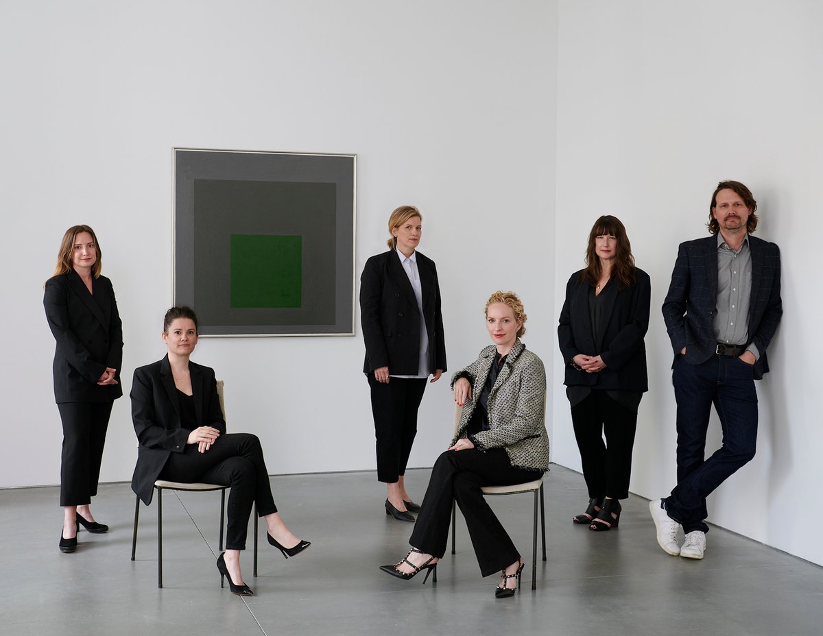 David Zwirner's secondary market department (from left to right): Katherine Lukacher, the gallery’s director of secondary market online sales; Meghan Hill, the gallery’s senior director of sales; Alexandra Whitney, who heads the gallery’s global research department; Kristine Bell, a senior partner who leads the department; Kelly Reynolds, the gallery's senior director of operations, exhibitions and registration; and Cy Amundson, director of art handling. Artwork: Josef Albers, Homage to the Square: Embedded, 1963 Artwork: © The Josef and Anni Albers Foundation / Artists Rights Society (ARS), New York. Courtesy The Josef and Anni Albers Foundation and David Zwirner. Photo: Jason Schmidt