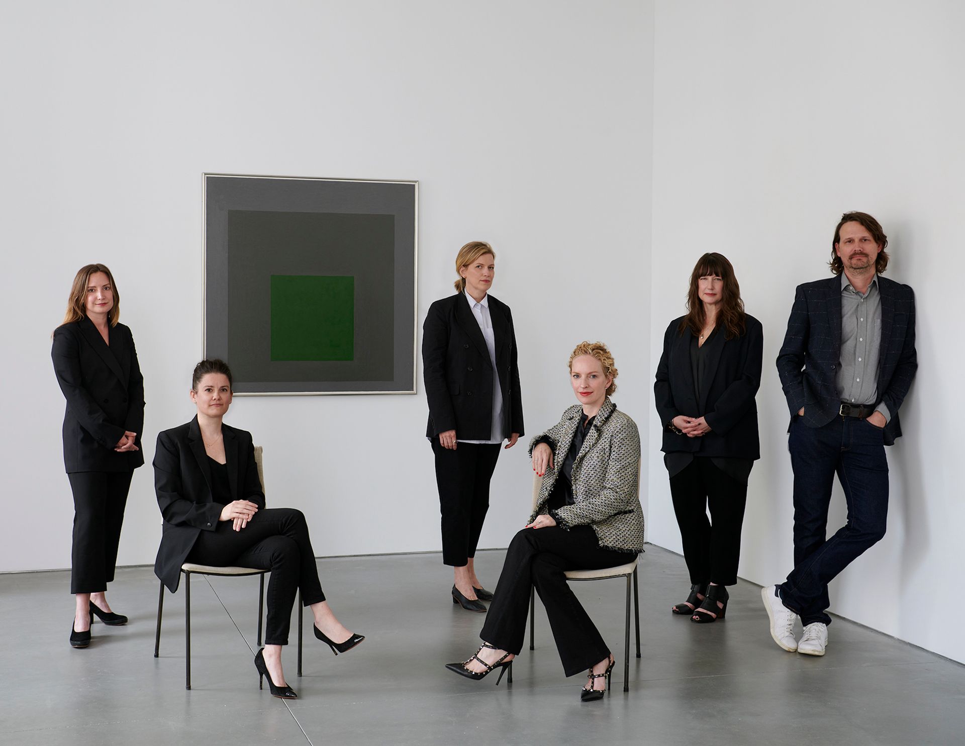 David Zwirner's secondary market department (from left to right): Katherine Lukacher, the gallery’s director of secondary market online sales; Meghan Hill, the gallery’s senior director of sales; Alexandra Whitney, who heads the gallery’s global research department; Kristine Bell, a senior partner who leads the department; Kelly Reynolds, the gallery's senior director of operations, exhibitions and registration; and Cy Amundson, director of art handling. Artwork: Josef Albers, Homage to the Square: Embedded, 1963 Artwork: © The Josef and Anni Albers Foundation / Artists Rights Society (ARS), New York. Courtesy The Josef and Anni Albers Foundation and David Zwirner. Photo: Jason Schmidt
