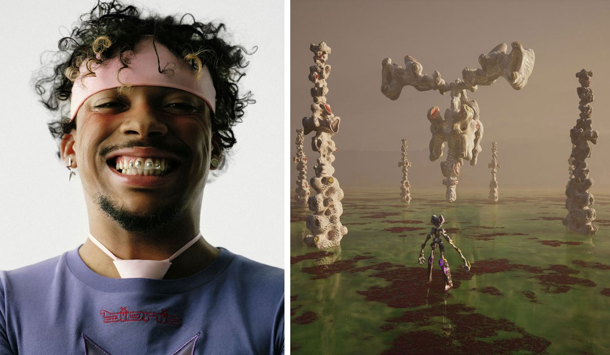 Gabriel Massan (left) and a scene from the world-building video game Third World, which Massan is creating in collaboration with his fellow Brazilian artists Castiel Vitorino Brasileiro, Novíssimo Edgar & LYZZA Massan portrait: Hick Duarte. Third World: courtesy of Gabriel Massan