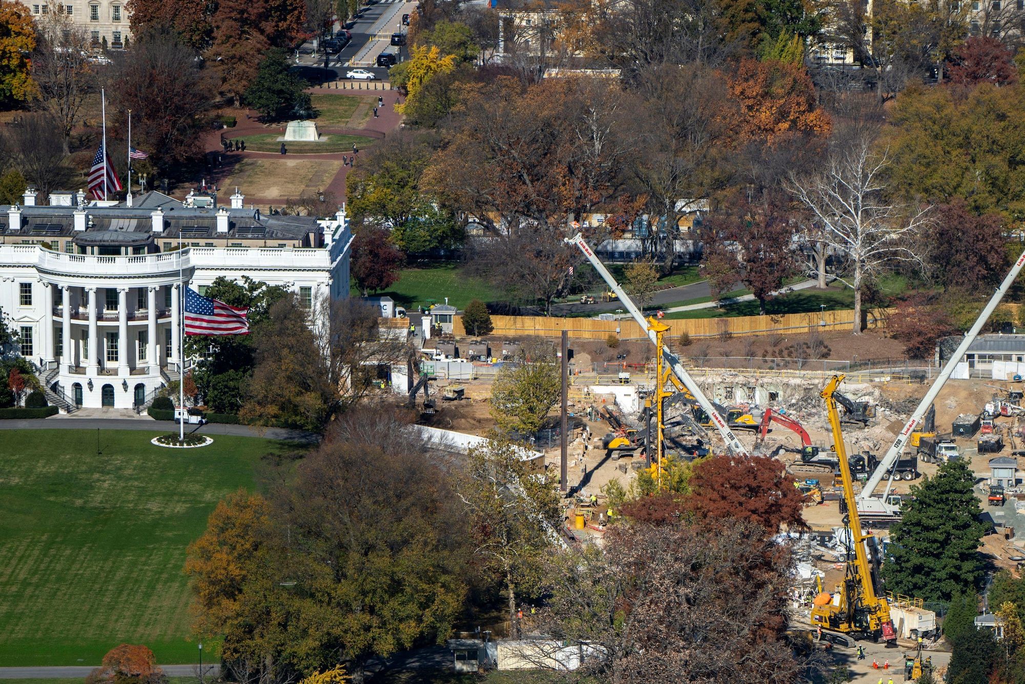 The "large hole" where the White House's East Wing previously stood, and where a large ballroom might one day rise Photo by Bonnie Cash/UPI Credit: UPI/Alamy Live News