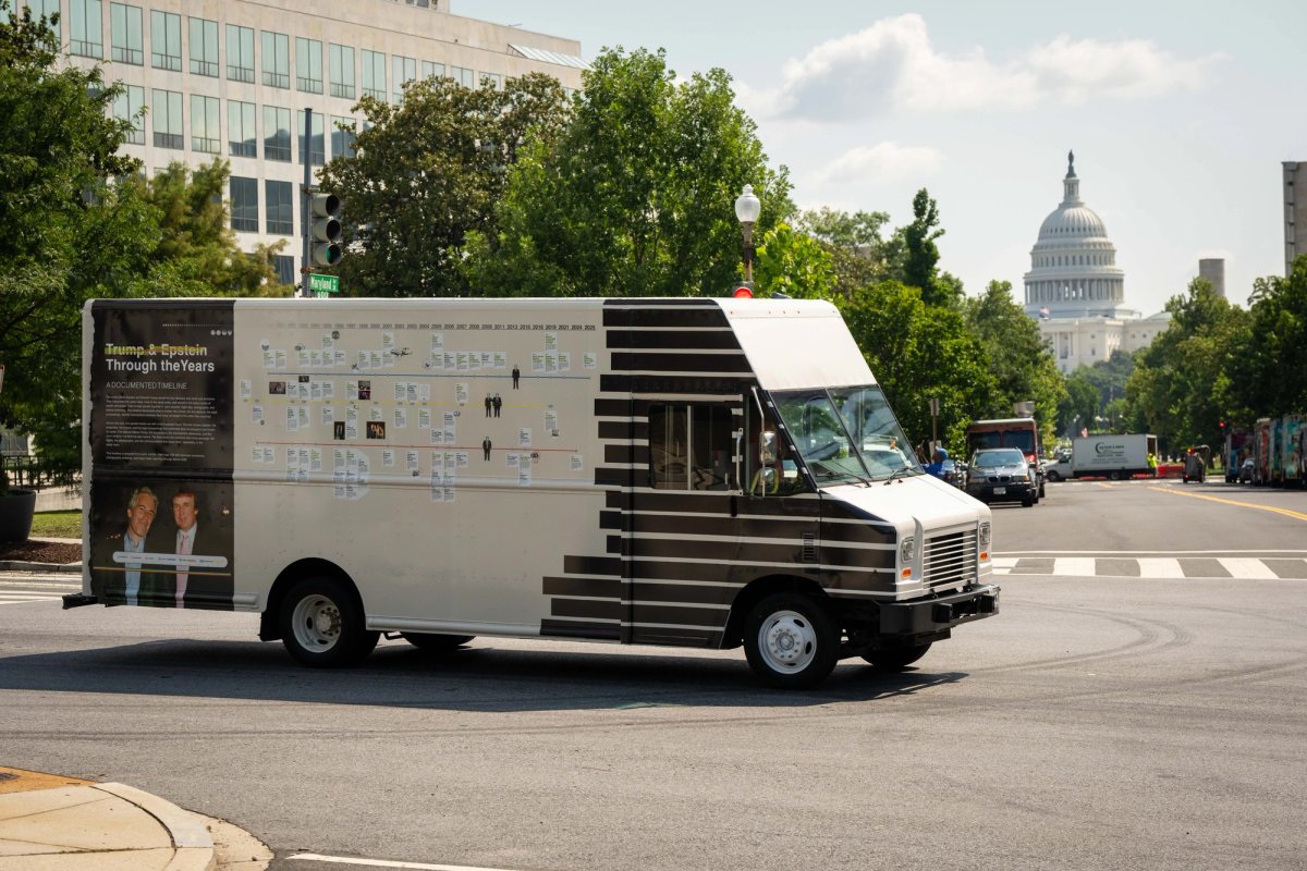 The Donald J. Trump and Jeffrey Epstein Memorial Bookmobile in Washington, DC, earlier this year Courtesy Institute for Primary Facts