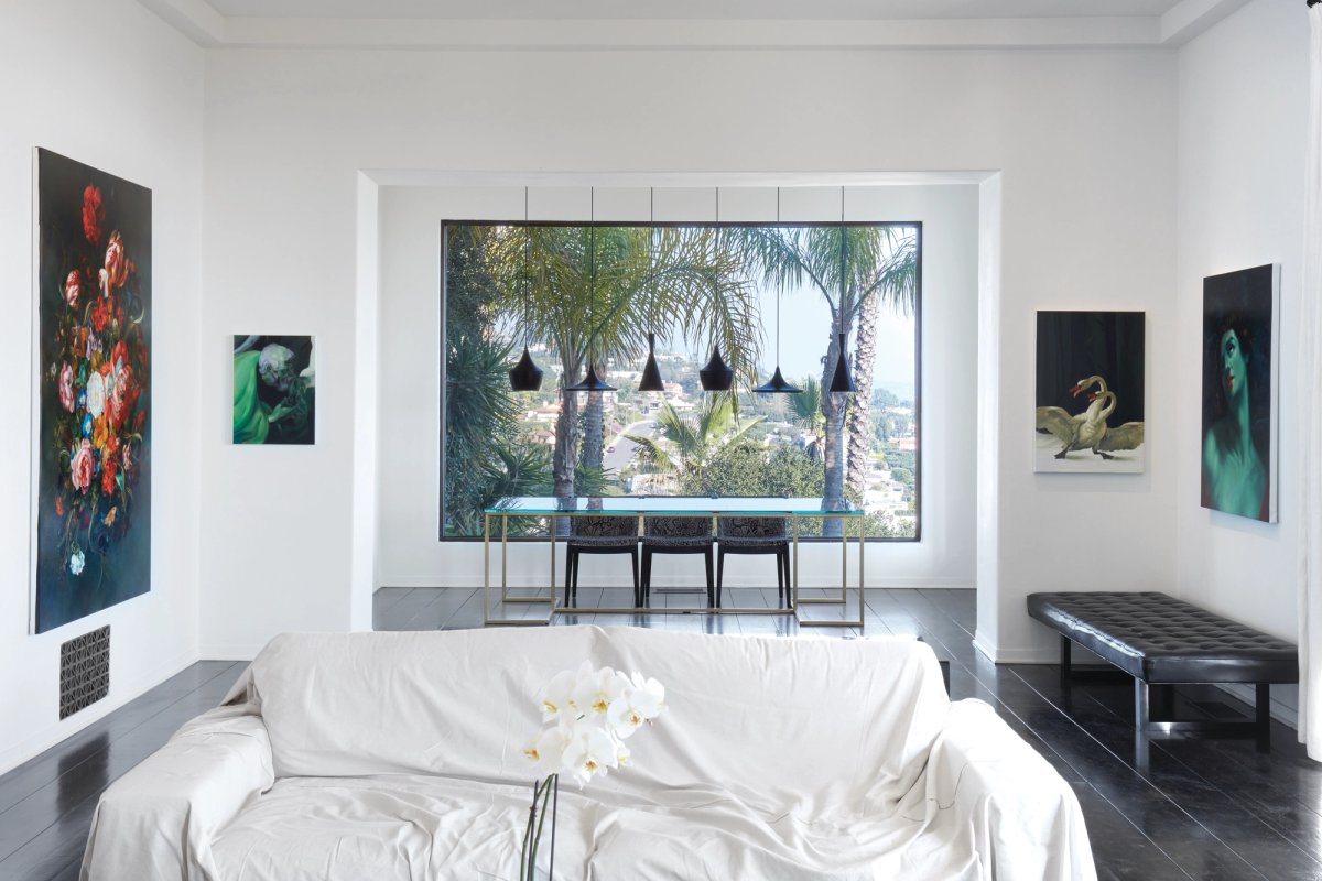 A show of Old Master inspired paintings by the Irish artist Ted Pim are installed in the former home of film-maker Dorothy Arzner