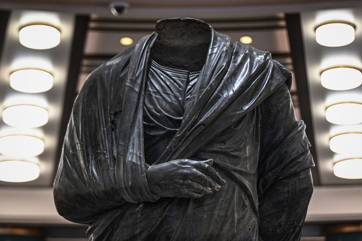 A recently repatriated bronze of the second-century Roman emperor Marcus Aurelius dominates the Golden Age of Archaeology exhibition in Ankara
Photo by Abdullah Guclu/Anadolu via Getty Images