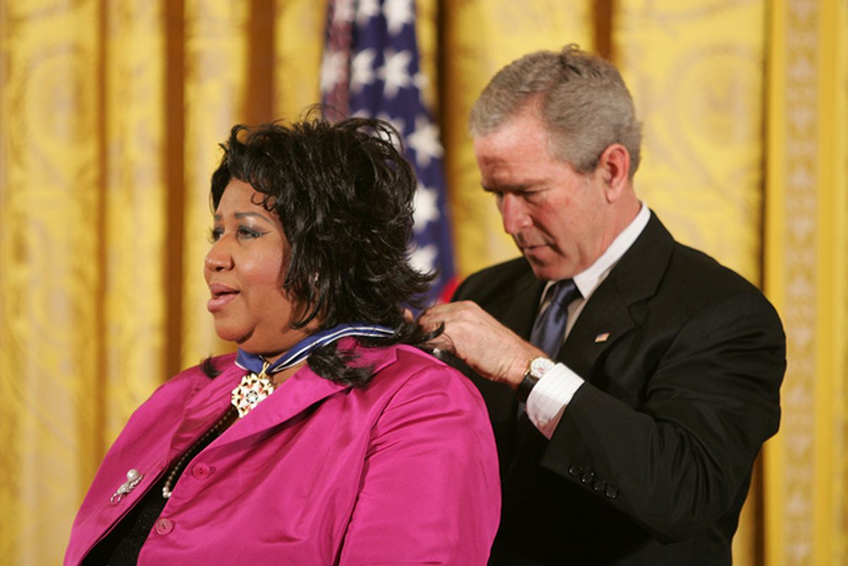 George W. Bush presents Aretha Franklin with the Presidential Medal of Freedom in 2005 Photo: National Archives Catalog