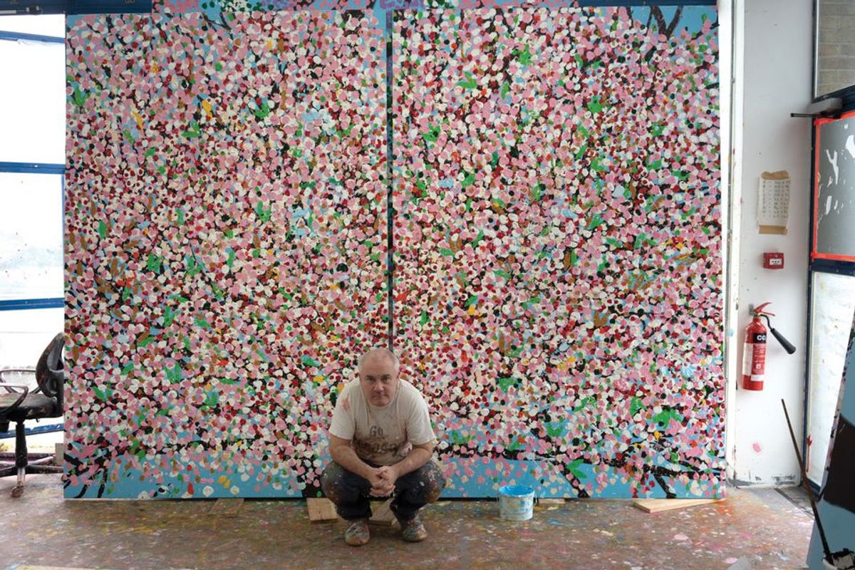 Damien Hirst is now producing most of his work solo, after a return to painting. His Cherry Blossom paintings are currently on show at the Fondation Cartier in Paris © Prudence Cuming