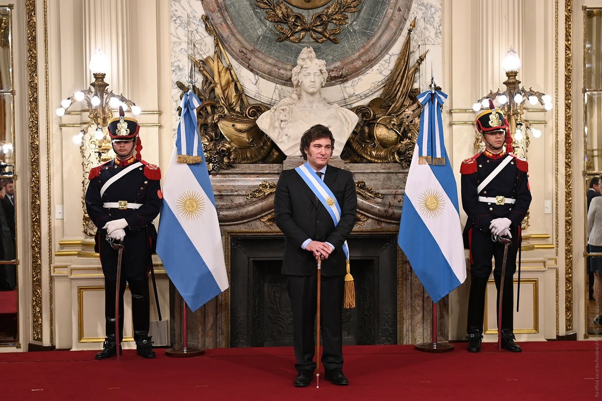 Javier Milei during his inauguration ceremony on 10 December 2023 Photo by Presidency of Armenia, via Wikimedia Commons