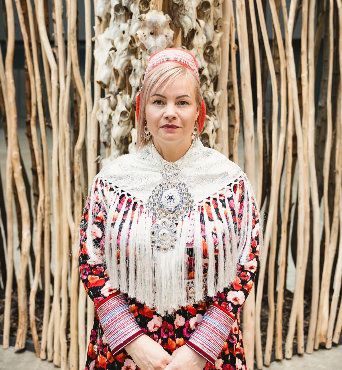 Máret Ánne Sara with her Turbine Hall commission’s Geabbil element, which forms a labyrinth that mimics the breath-heating structure of a reindeer’s nose Photo © Tate (Sonal Bakrania)