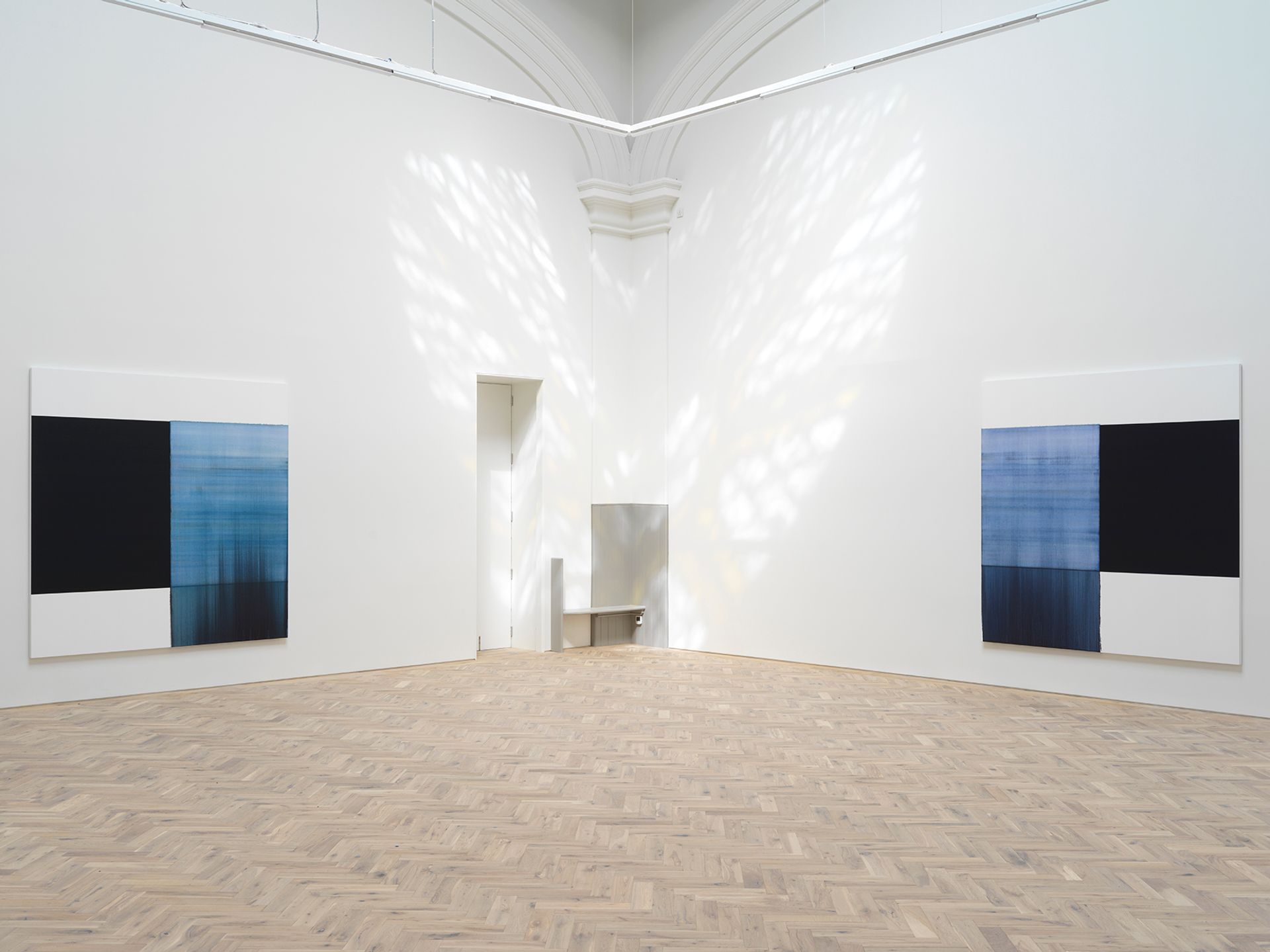 On the left, Callum Innes's Delft Blue (2018) and Oriental Blue (2018) on the right Photo: Tom Nolan. Courtesy of Callum Innes and Ingleby Gallery