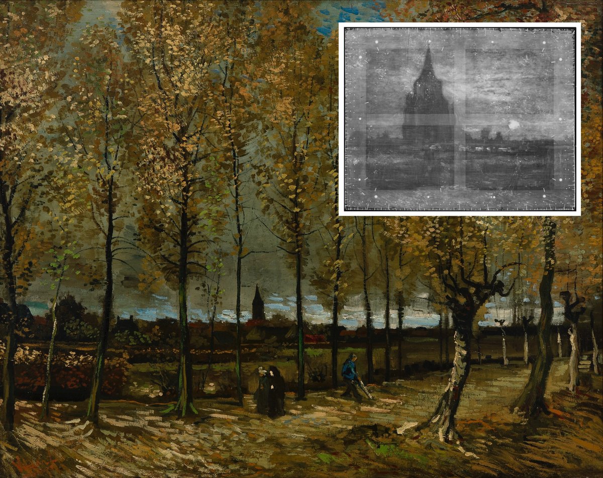 Van Gogh’s Poplars near Nuenen (November 1885 and possibly spring 1886) and, top right, an X-ray image of the work, showing an earlier composition of the old church tower and cemetery, which was overpainted Credit: Museum Boijmans Van Beuningen, Rotterdam