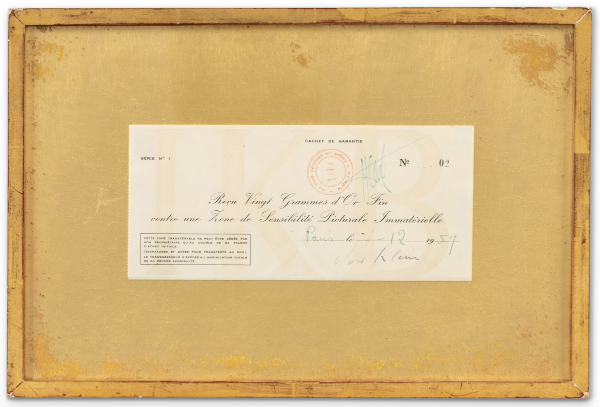 Yves Klein's Zone de sensibilité picturale immatérielle Série n°1, Zone n°02 (receipt to Jacques Kugel) Courtesy Sotheby's