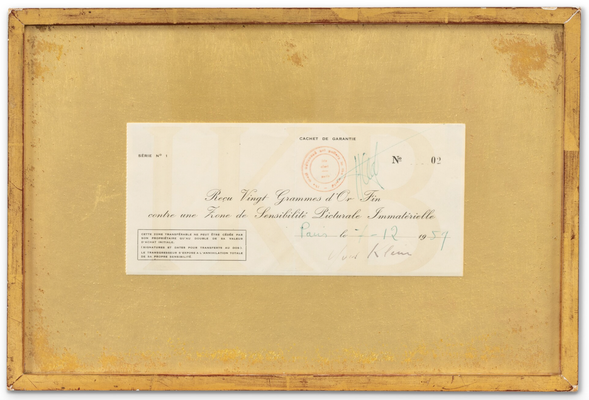 Yves Klein's Zone de sensibilité picturale immatérielle Série n°1, Zone n°02 (receipt to Jacques Kugel) Courtesy Sotheby's