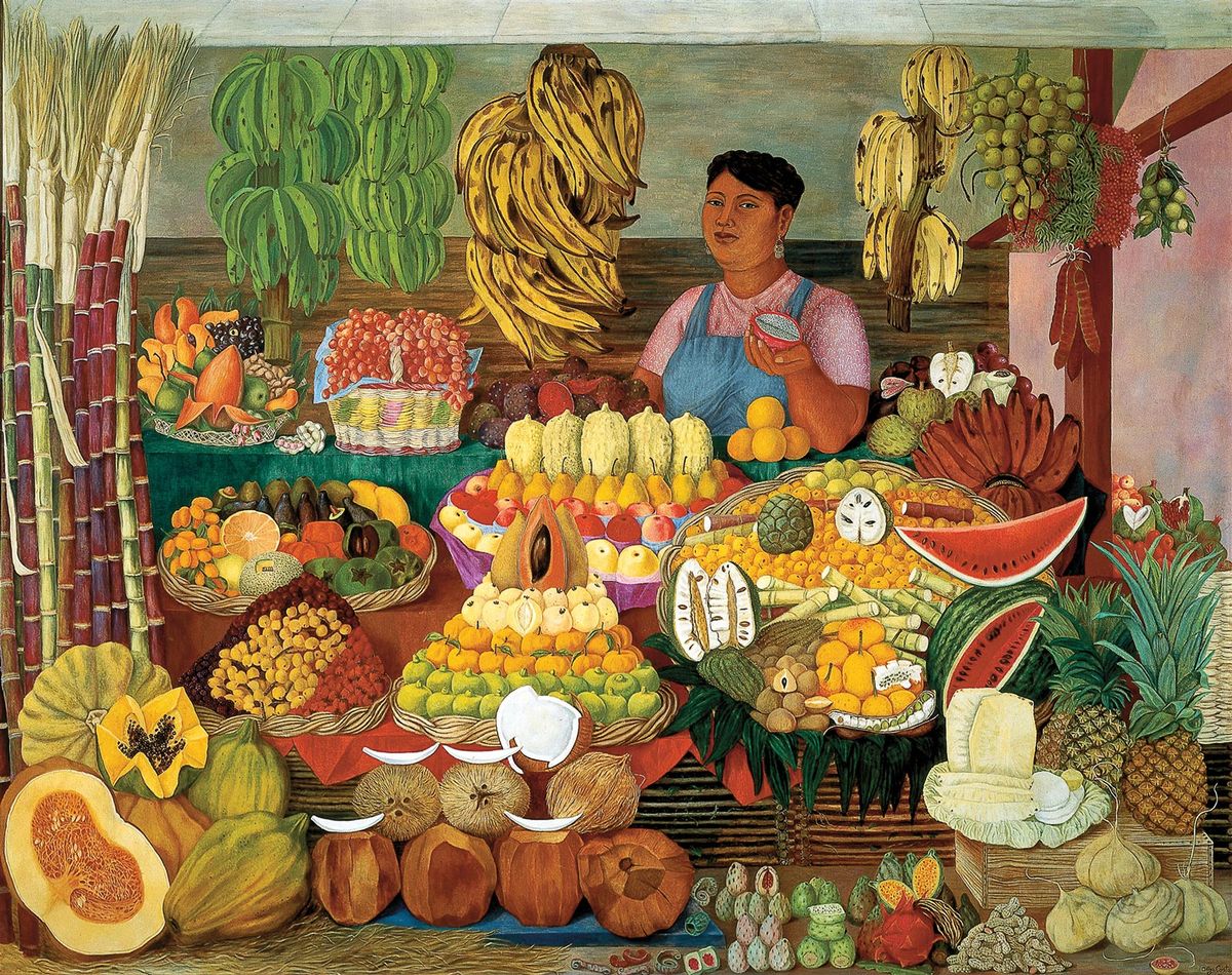 “Encyclopaedic depictions of the impressive variety of Mexican produce”: Olga Costa’s La vendedora de frutas (1951) © VG Bild-Kunst Bonn 2022