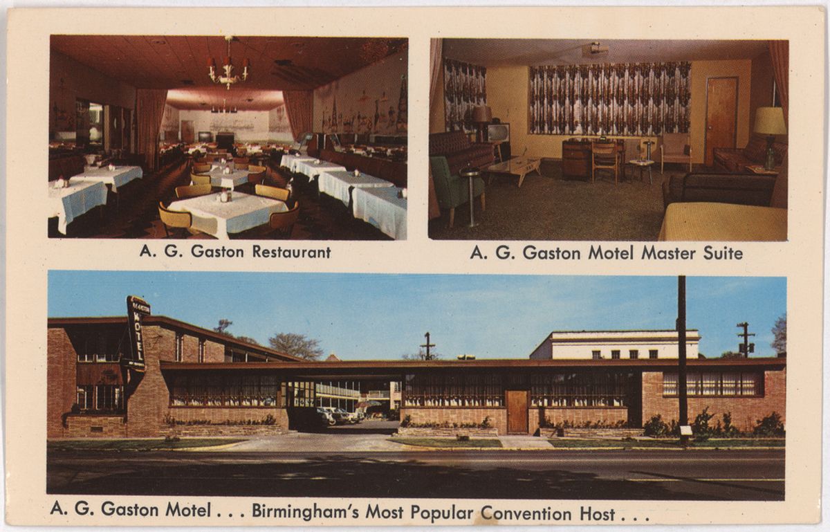 Postcard of the A. G. Gaston Motel in Birmingham, Alabama (around 1960-69) from the book of letters sent to Arthur Shores, prominent attorney and civil rights leader in Birmingham, Alabama (Vol. 2). © Alabama Department of Archives and History.
