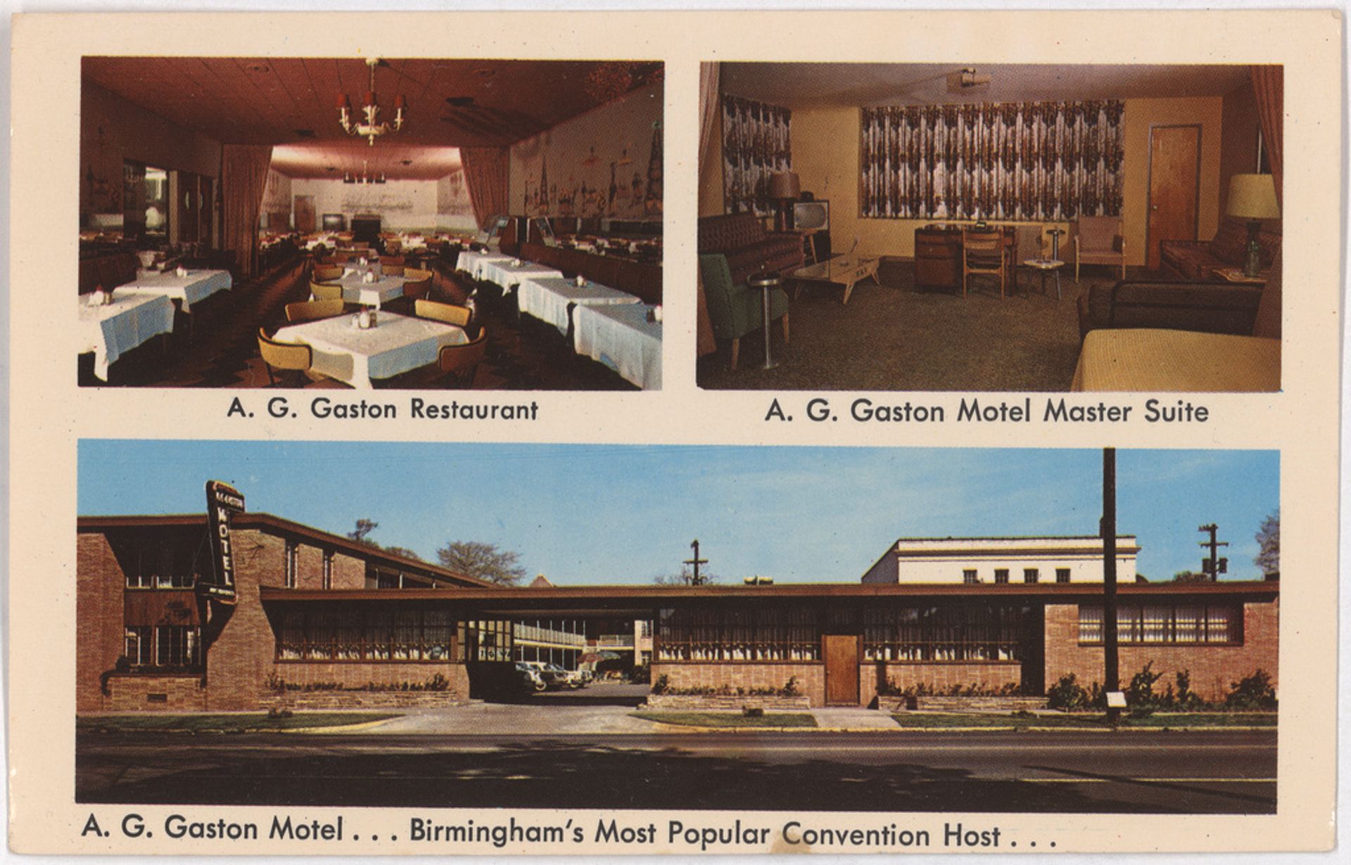 Postcard of the A. G. Gaston Motel in Birmingham, Alabama (around 1960-69) from the book of letters sent to Arthur Shores, prominent attorney and civil rights leader in Birmingham, Alabama (Vol. 2). © Alabama Department of Archives and History.