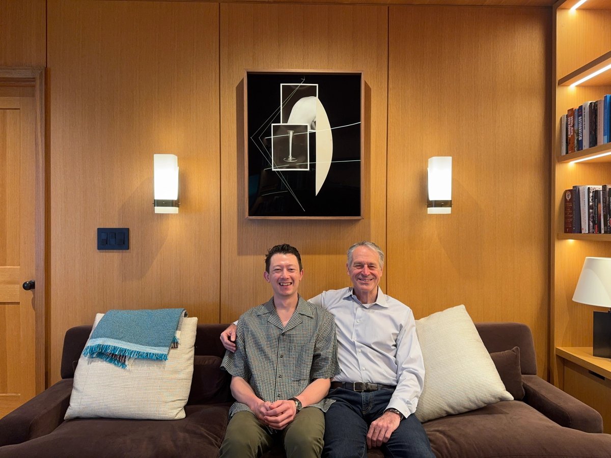 Collecting couple: Charles Shoener, left, and Eric Richter, right, photographed at their house in Maine beneath Sheree Hovsepian’s Cadence (2022) Courtesy of Eric Richter and Charles Shoener