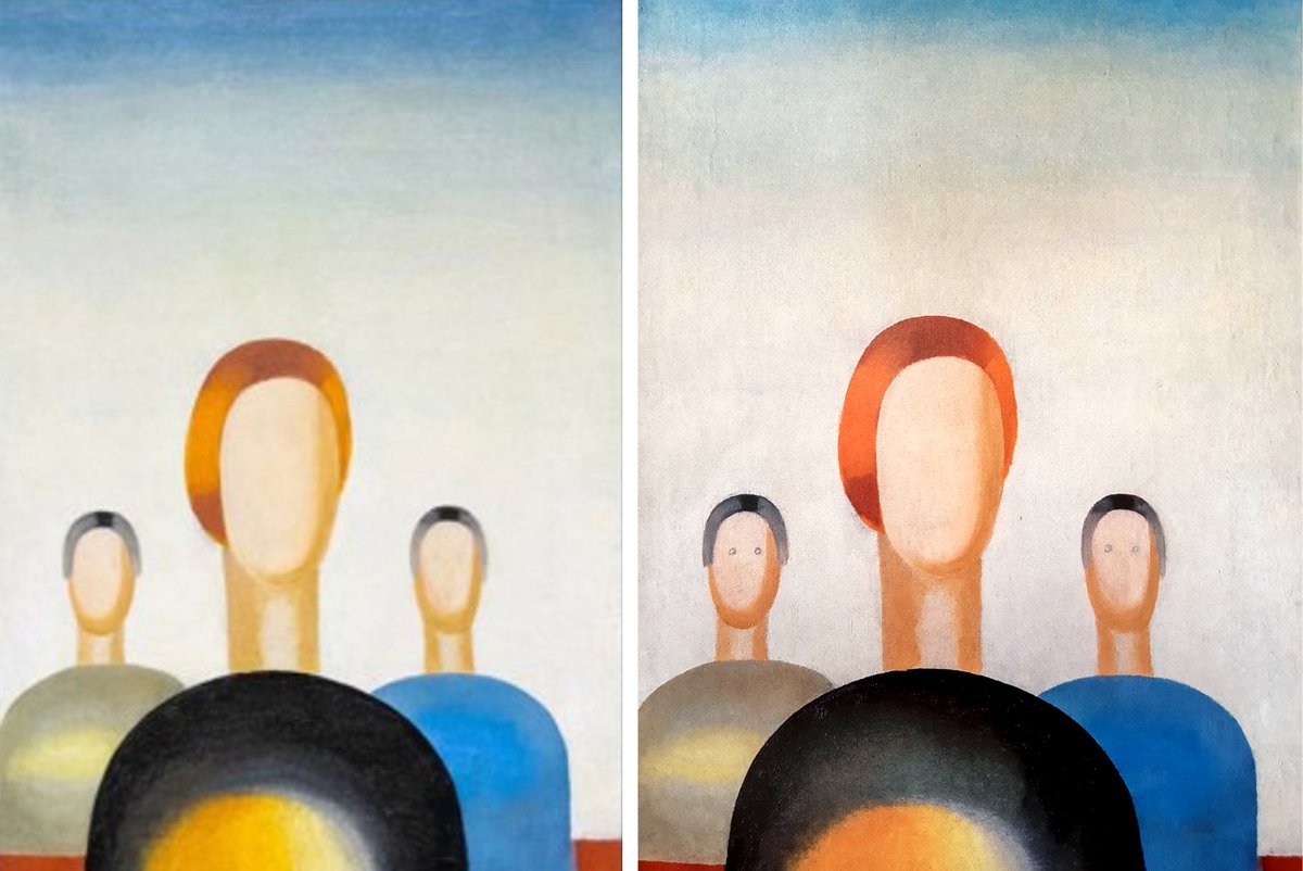 Left: Anna Leporskaya's Three Figures (1932–1934) prior to its defacement; right: the work after it was vandalised, showing eyes drawn in ballpoint pen on the two background figures. Left: Courtesy of State Tretyakov Gallery; right: © The Art Newspaper Russia