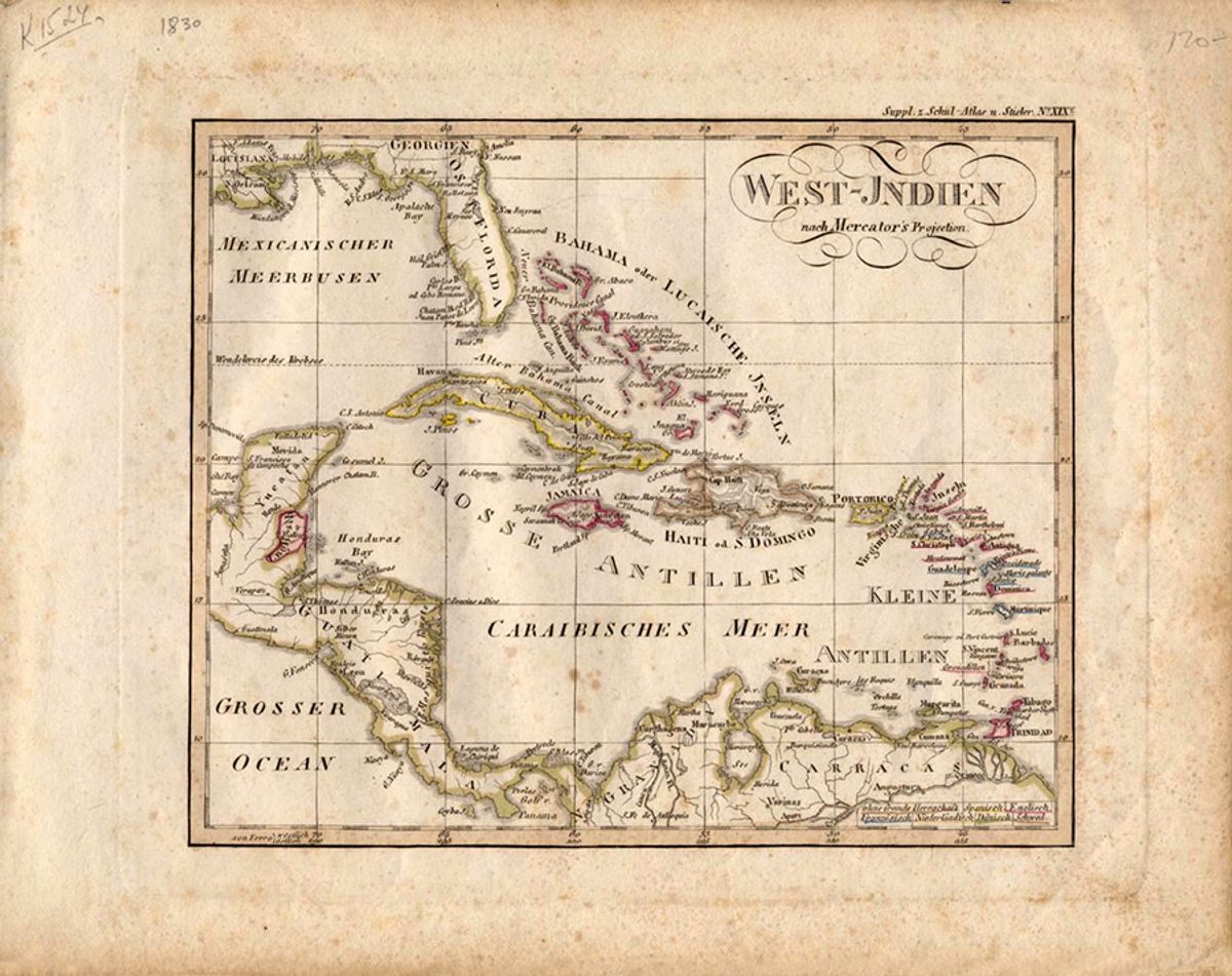 An archival map of the Caribbean by Adolf Steiler from the Colección Cartográfica del Centro León