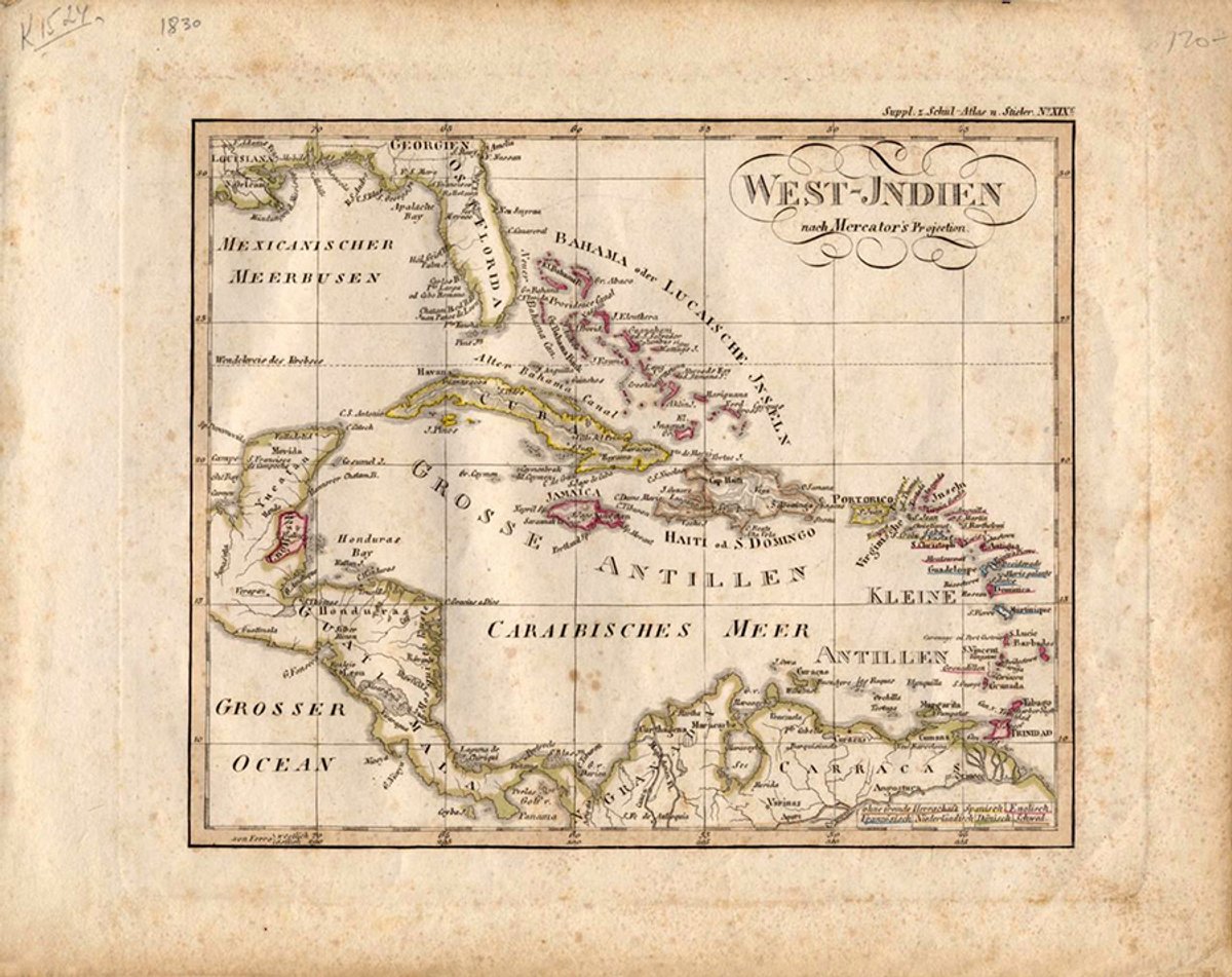 An archival map of the Caribbean by Adolf Steiler from the Colección Cartográfica del Centro León
